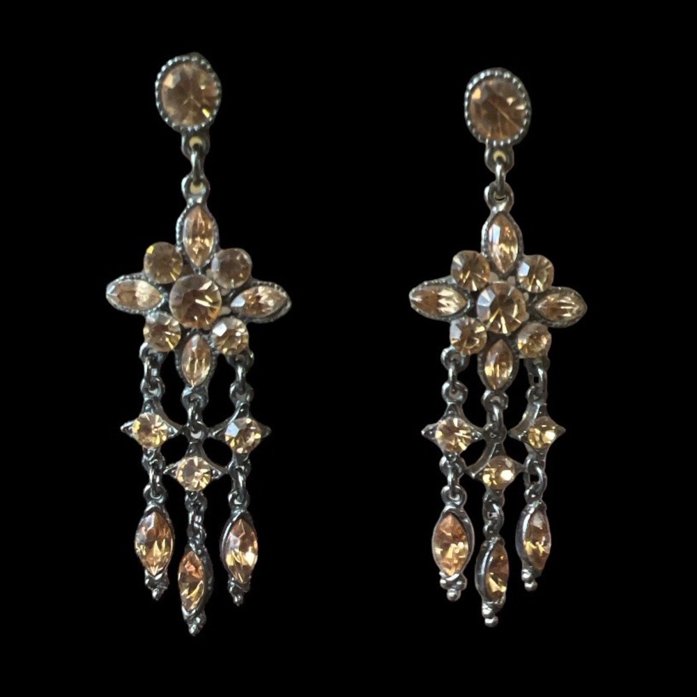 Earrings topaz/gold rhinestones long stud/dangle vintage